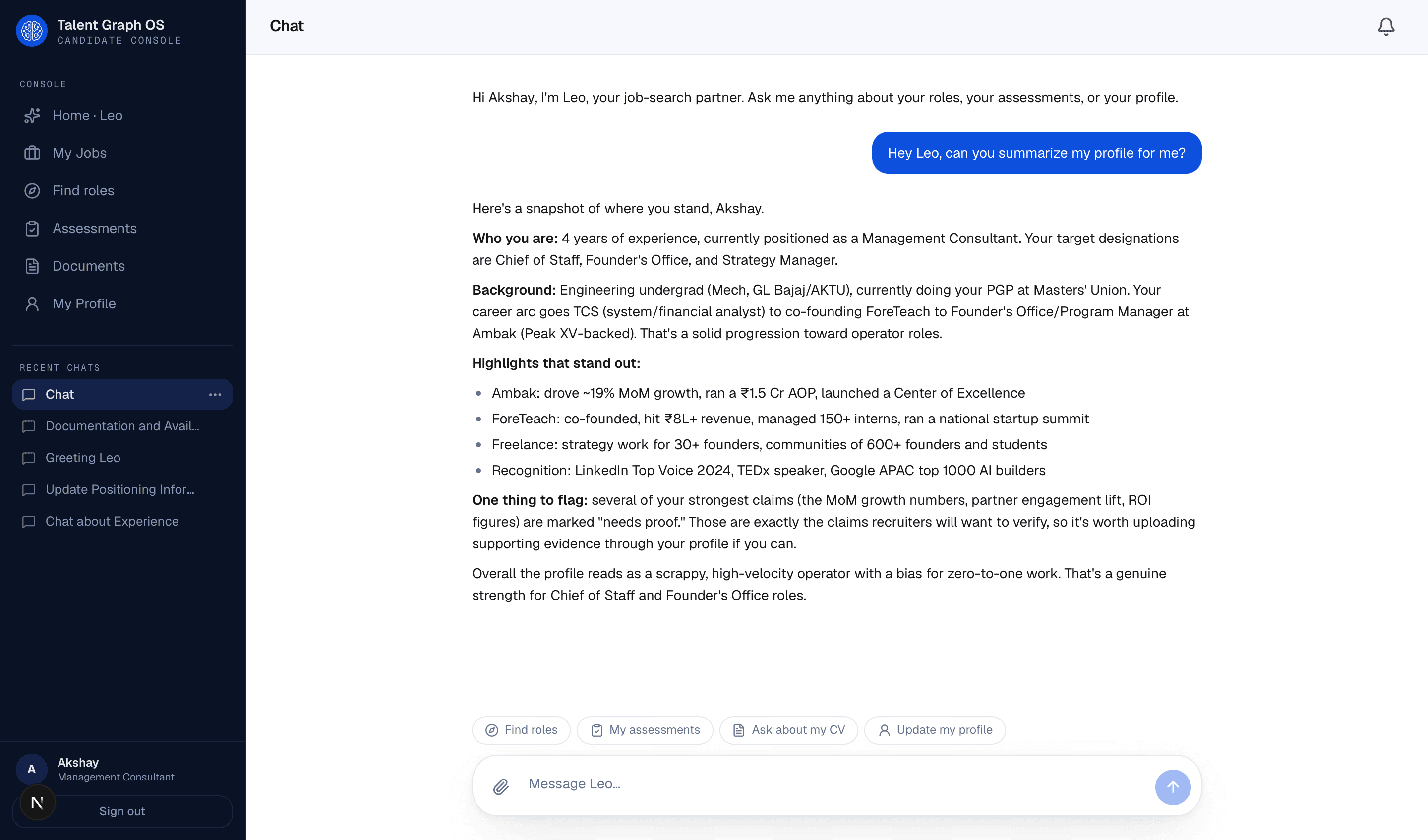 A chat with Leo in the console, where Leo gives a structured read of the candidate's background, target roles, and strongest points.